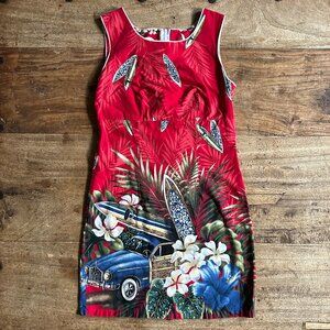 Shannon Marie Hawaiian Dress Large Shift Tropical Floral Surfboard Woodie Red XS